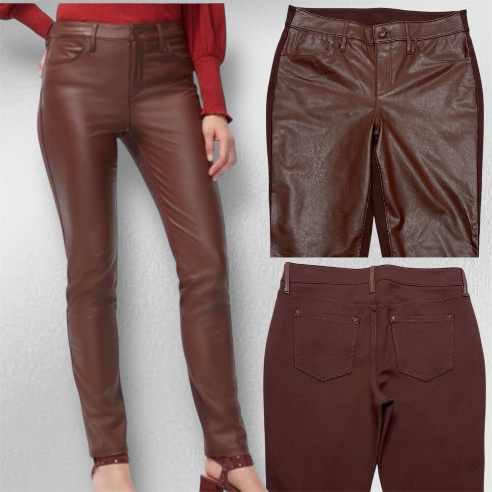 Chicos 5 Pocket Ponte Faux Leather Front Fashion Pants Womens 4R Cambridge Brown